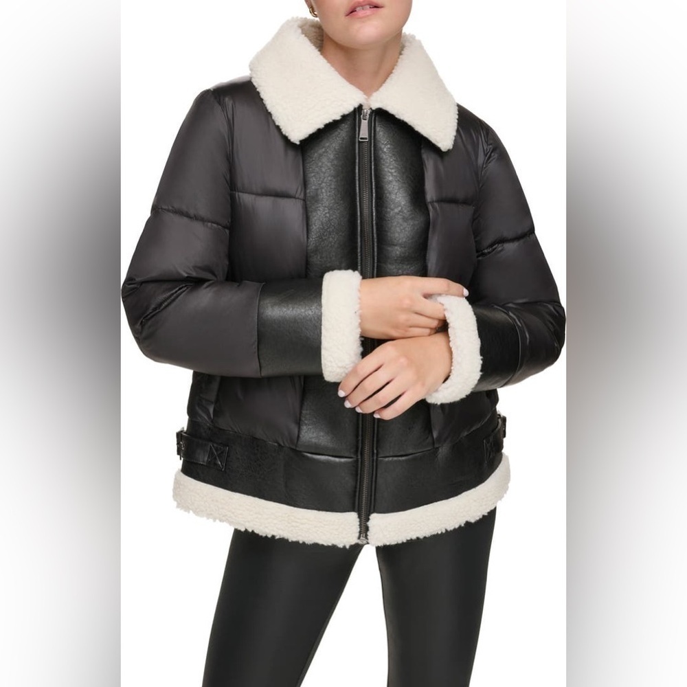 New Cir Faux Shearling Puffer Jacket In Black & Cream, Size Medium